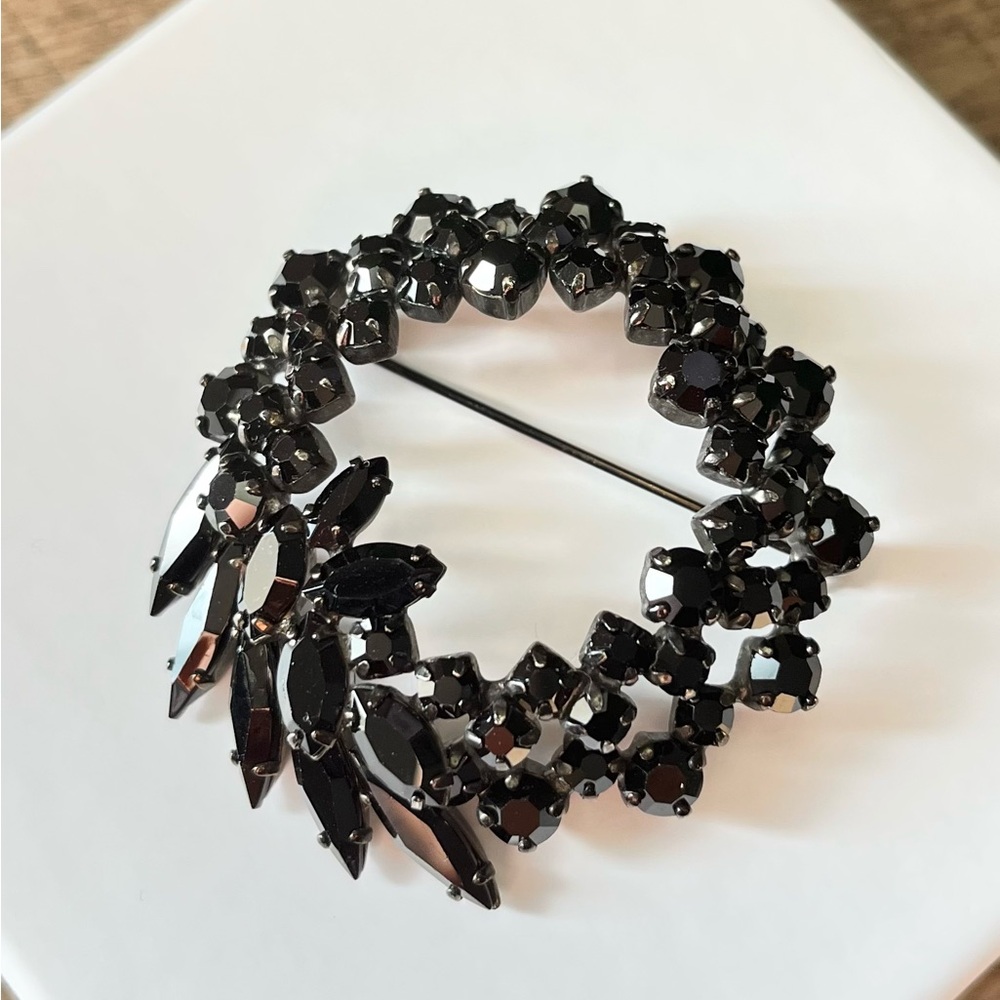 Sherman Black Rhinestone Brooch - Signed
